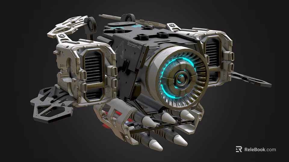 Futuristic Mechanical Device 3D Model With Metallic Structure Blue Glowing Ring And Spiked Components 3d model