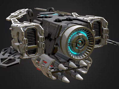 Futuristic Mechanical Device 3D Model With Metallic Structure Blue Glowing Ring And Spiked Components 3d model