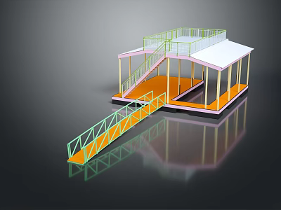 Cartoon Scene Featuring Colorful Platform Staircase Bridge Railings And White Roof 3d model