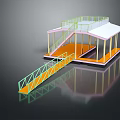 Cartoon Scene Featuring Colorful Platform Staircase Bridge Railings And White Roof