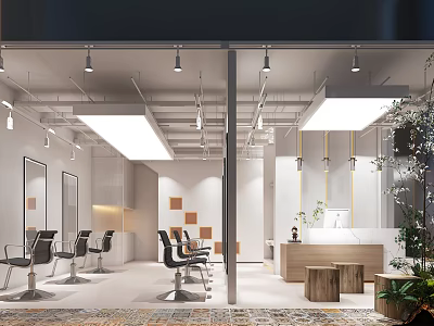 Modern Beauty Salon Open Space With Hair Styling Chairs Mirrors And Reception Desk 3d model