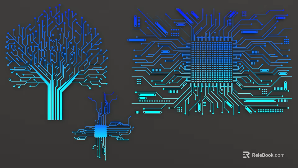 Detailed Circuit Board Design Featuring Tree Shaped Patterns And Microchip Elements 3d model 