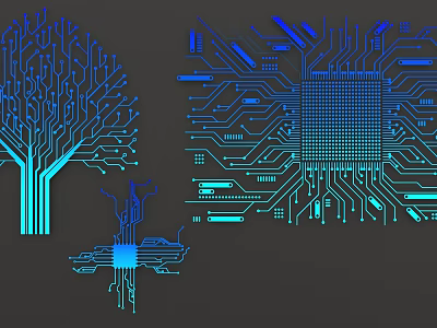 Detailed Circuit Board Design Featuring Tree Shaped Patterns And Microchip Elements 3d model