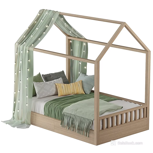 Kids House-Shaped Wooden Bed With Green Curtains String Lights And Cozy Pillows 3d model 