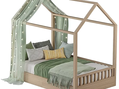 Kids House-Shaped Wooden Bed With Green Curtains String Lights And Cozy Pillows 3d model