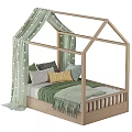 Kids House-Shaped Wooden Bed With Green Curtains String Lights And Cozy Pillows
