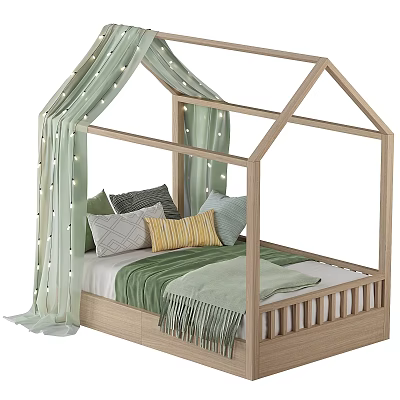 Kids House-Shaped Wooden Bed With Green Curtains String Lights And Cozy Pillows 3d model