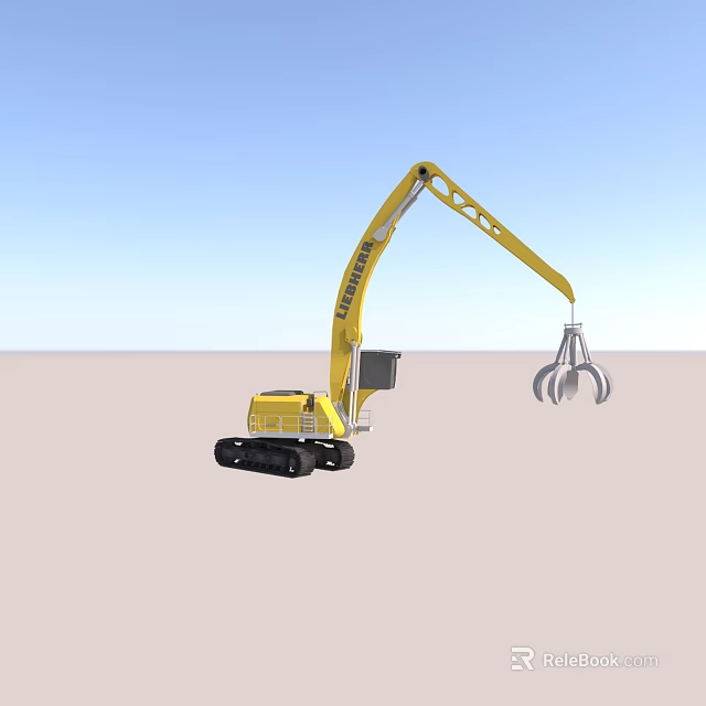 Yellow Construction Excavator with Long Hydraulic Arm Grapple Attachment and Tracked Chassis on Sand Terrain 3d model 