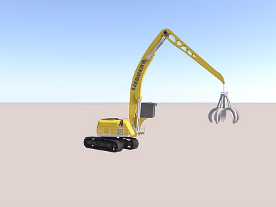Yellow Construction Excavator with Long Hydraulic Arm Grapple Attachment and Tracked Chassis on Sand Terrain 3d model