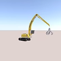 Yellow Construction Excavator with Long Hydraulic Arm Grapple Attachment and Tracked Chassis on Sand Terrain