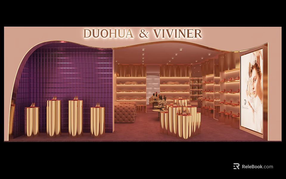 DUOHUA & VIVINER Boutique Interior Design With Purple Walls Display Shelves And Lighting 3d model 