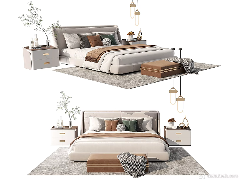 Modern Double Bed Bedroom Setup With Bedside Tables Throw Pillows Ottoman And Rug 3d model