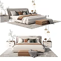 Modern Double Bed Bedroom Setup With Bedside Tables Throw Pillows Ottoman And Rug 3d model