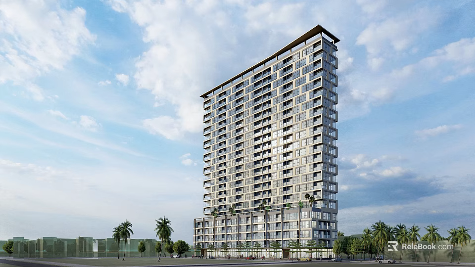 Modern Glass Facade High Rise Residential Apartment Building With Palm Trees And Blue Sky 3d model 