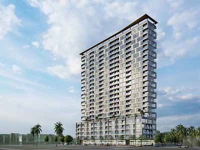 Modern Glass Facade High Rise Residential Apartment Building With Palm Trees And Blue Sky 3d model