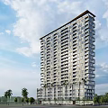 Modern Glass Facade High Rise Residential Apartment Building With Palm Trees And Blue Sky