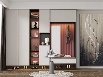 Modern Elegant Shoe Cabinet With White Gray Doors Gold Accents Mirror Clothing Hook And Decorative Items 3d model