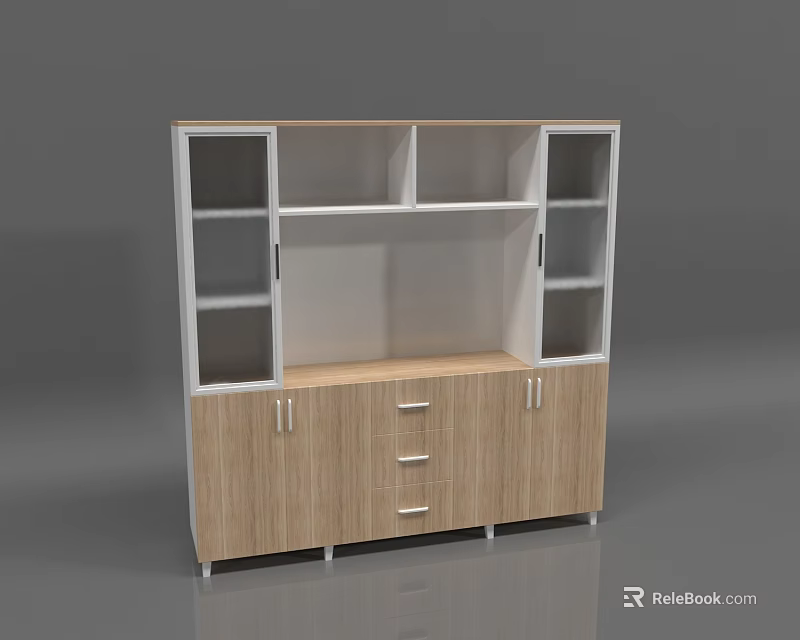 Modern Bookcase with White Frame Glass Doors Wooden Cabinet Drawers and Storage Design 3d model 