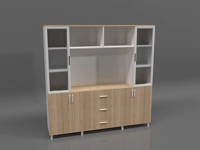 Modern Bookcase with White Frame Glass Doors Wooden Cabinet Drawers and Storage Design 3d model