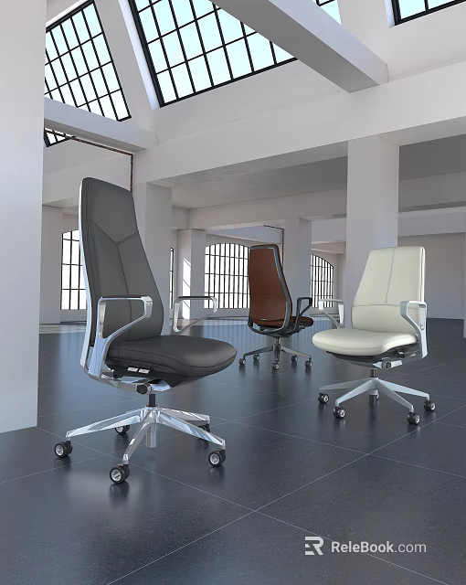 Modern Office Chairs With Black Brown White Leather Upholstery Metal Frame and Swivel Base 3d model 