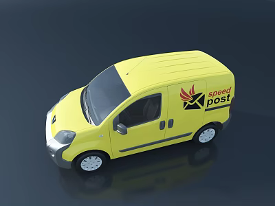 Yellow Compact Delivery Van With Red Speed Post Logo On Dark Reflective Surface 3d model