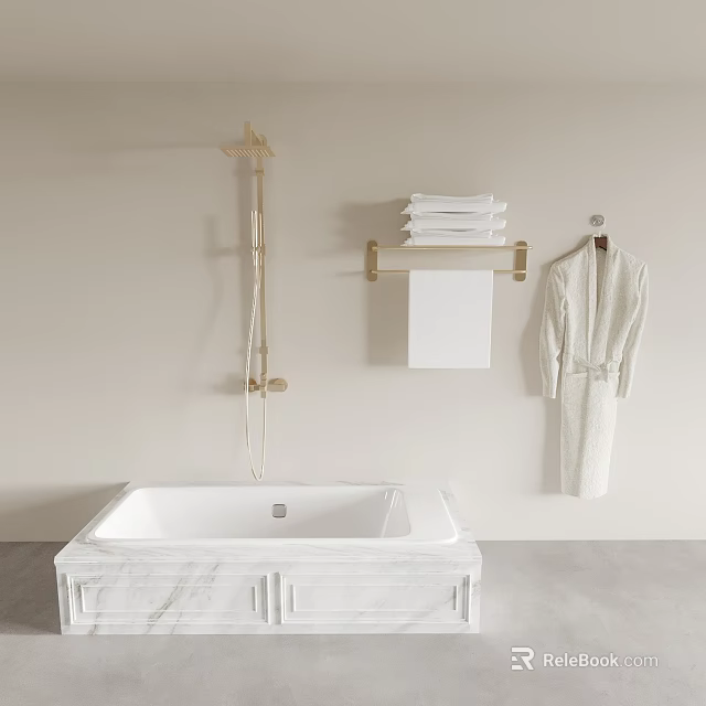 Stylish Bathroom Set with Freestanding Bathtub Wall Mounted Shower Fixture Towel Rack and Hanging Bathrobe 3d model 