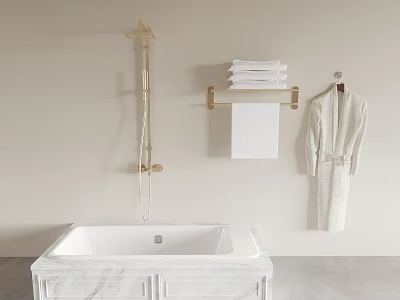 Stylish Bathroom Set with Freestanding Bathtub Wall Mounted Shower Fixture Towel Rack and Hanging Bathrobe 3d model