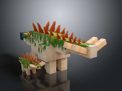 Detailed Block Style Large And Small Dinosaur Model Figures With Green Moss And Orange Spines 3d model