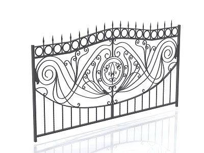 Decorative Wrought Iron Fence With Curved Patterns Spiked Top And Central Emblem 3d model