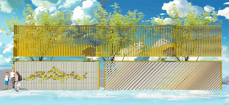 Yellow Metal Screen Wall Design With Green Trees Blue Sky White Clouds And Geometric Patterns 3d model 