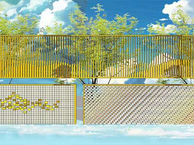 Yellow Metal Screen Wall Design With Green Trees Blue Sky White Clouds And Geometric Patterns 3d model