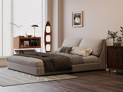 Modern Bedroom Interior With Platform Bed Geometric Rug Window Blinds And Framed Artwork 3d model