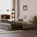 Modern Bedroom Interior With Platform Bed Geometric Rug Window Blinds And Framed Artwork