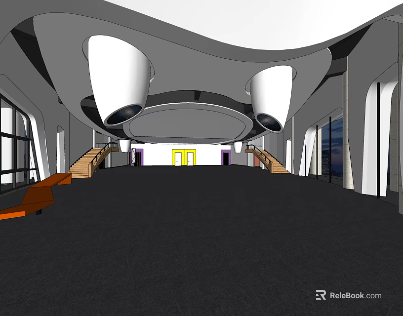 Modern Front Desk Reception Lobby With Curved Ceiling And White Pendant Lights 3d model 