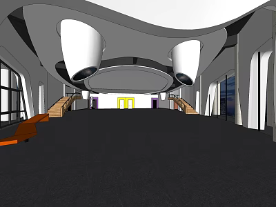 Modern Front Desk Reception Lobby With Curved Ceiling And White Pendant Lights 3d model