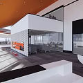 Modern Public Office Space with Long Tables Chairs Arched Ceiling and Large Glass Windows