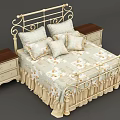 European Style Cream Colored Double Bed With Ornate Metal Headboard Floral Bedspread And Matching Nightstand