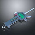 Futuristic Handheld Weapon With Green Screen Red Button And Silver Metallic Barrel