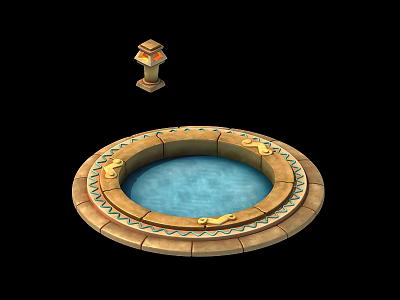 Circular Pool With Decorative Edge And Small Stone Lantern In Scene 3d model