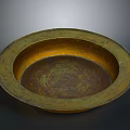 Vintage Brass Circular Basin With Textured Surface As Daily Household Item