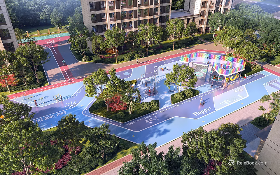 Residential Garden Landscape With Colorful Activity Area Trees Paths And Children's Play Facilities 3d model 