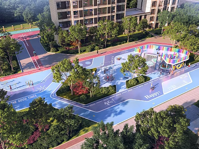 Residential Garden Landscape With Colorful Activity Area Trees Paths And Children's Play Facilities 3d model