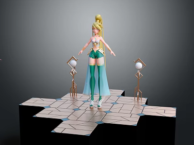 Child Character in Green and White Outfit Standing on Geometric Platform with Golden Spheres and Stands 3d model