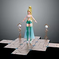 Child Character in Green and White Outfit Standing on Geometric Platform with Golden Spheres and Stands