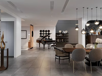 Modern Living Room Interior With Dining Table Chairs Pendant Lights And Piano 3d model