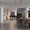 Modern Living Room Interior With Dining Table Chairs Pendant Lights And Piano