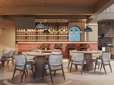 Warm Restaurant Interior With Wooden Dining Tables Upholstered Chairs Bar Counter And Pendant Lights 3d model