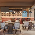 Warm Restaurant Interior With Wooden Dining Tables Upholstered Chairs Bar Counter And Pendant Lights