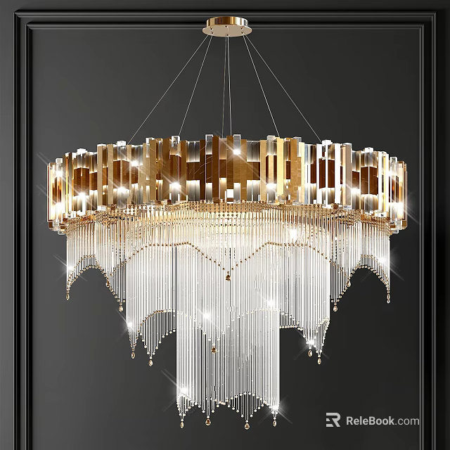 Luxury Crystal Chandelier With Gold Frame And Hanging Crystal Pendants In Modern Interior 3d model 