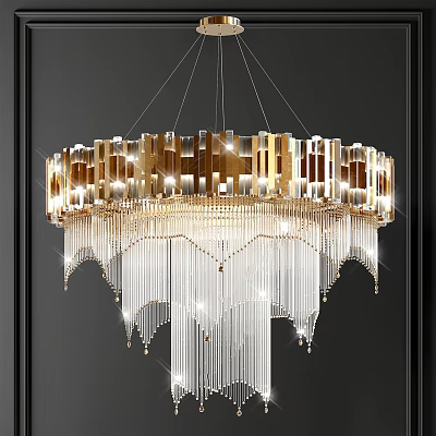 Luxury Crystal Chandelier With Gold Frame And Hanging Crystal Pendants In Modern Interior 3d model